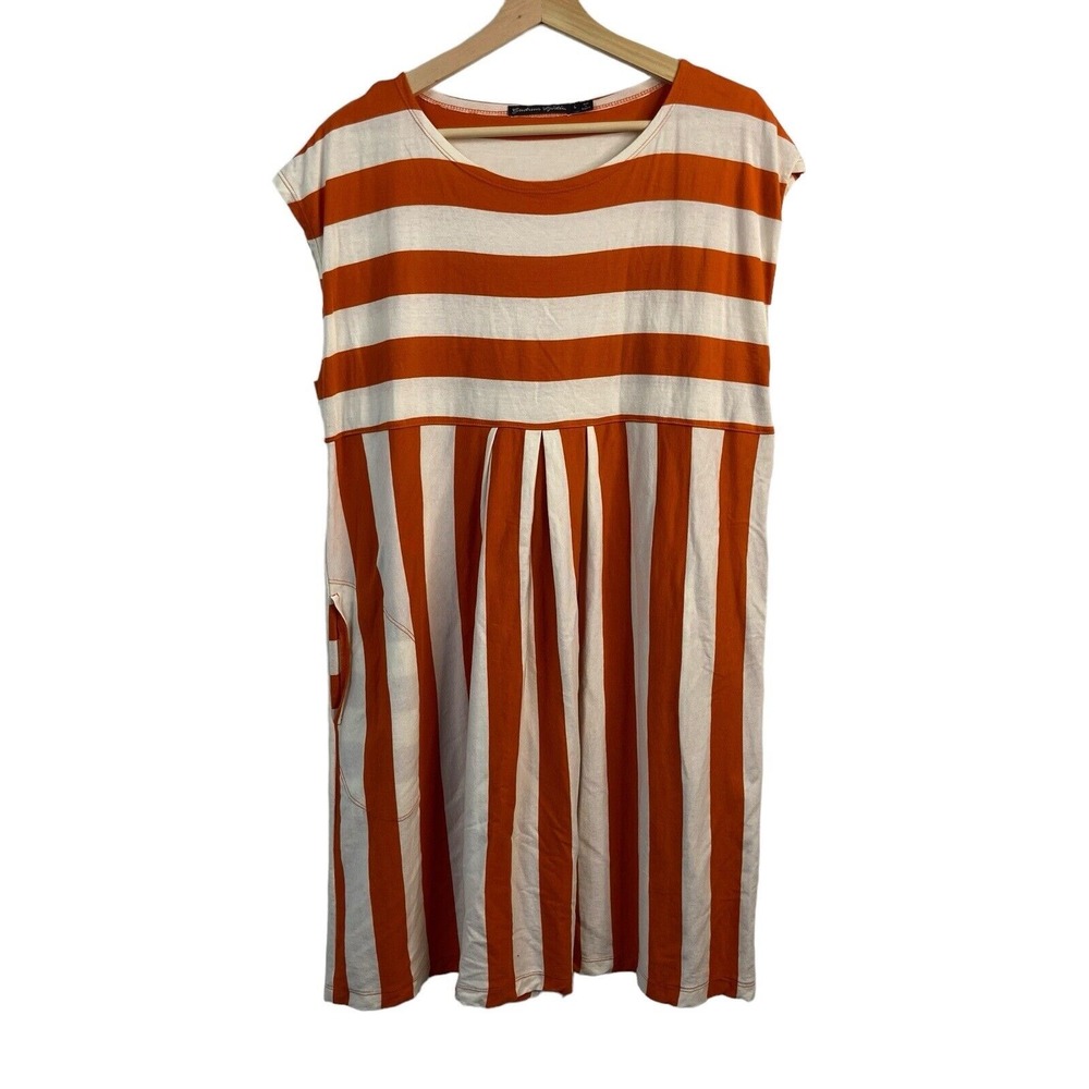 Gudrum Sjoden dress Women Sz Large jersey knit short sleeve striped orange knit